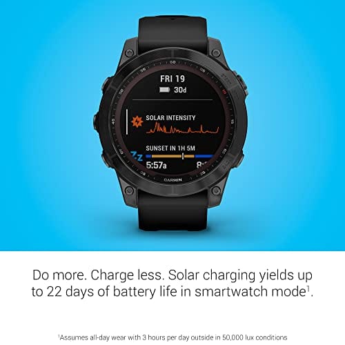 Garmin fenix 7S, smaller sized adventure smartwatch, rugged outdoor watch with GPS, touchscreen, health and wellness features, silver with graphite band, 010-02539-00