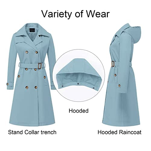 CREATMO US Trench Long Femme Double Boutonnage Classique Revers Pardessus Ceinturé Mince Manteau d'extérieur avec Capuche Amovible