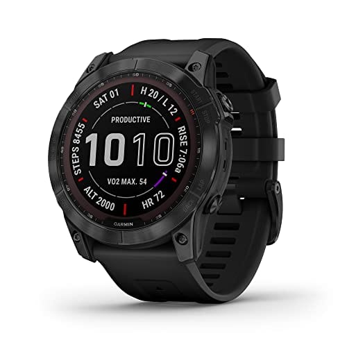 Garmin fenix 7S, montre intelligente d'aventure de petite taille, montre d'extérieur robuste avec GPS, écran tactile, fonctionnalités de santé et de bien-être, argent avec bracelet graphite, 010-02539-00 