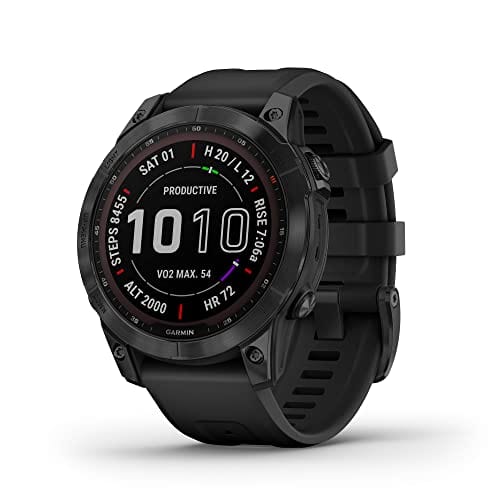 Garmin fenix 7S, smaller sized adventure smartwatch, rugged outdoor watch with GPS, touchscreen, health and wellness features, silver with graphite band, 010-02539-00