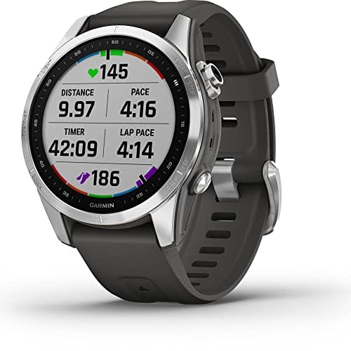 Garmin fenix 7S, smaller sized adventure smartwatch, rugged outdoor watch with GPS, touchscreen, health and wellness features, silver with graphite band, 010-02539-00