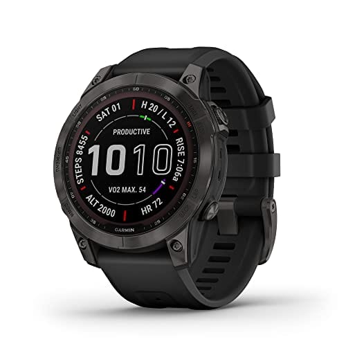 Garmin fenix 7S, smaller sized adventure smartwatch, rugged outdoor watch with GPS, touchscreen, health and wellness features, silver with graphite band, 010-02539-00