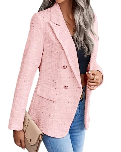 Womens Casual Blazer 2024 Spring Open Front Business Work Tweed Plaid Jacket Suit Pocket (S-XXL)