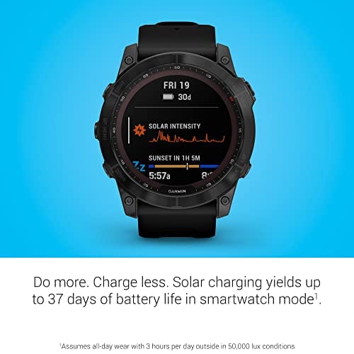 Garmin fenix 7S, smaller sized adventure smartwatch, rugged outdoor watch with GPS, touchscreen, health and wellness features, silver with graphite band, 010-02539-00