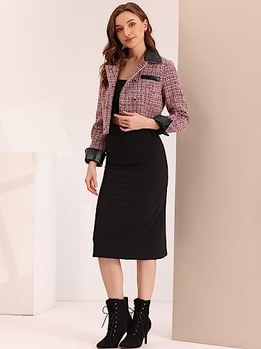 Allegra K Tweed Plaid Blazer for Women's Contrast Collar Double Breasted Vintage Cropped Jackets