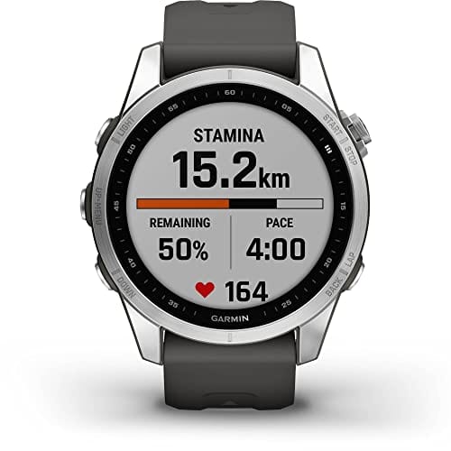 Garmin fenix 7S, montre intelligente d'aventure de petite taille, montre d'extérieur robuste avec GPS, écran tactile, fonctionnalités de santé et de bien-être, argent avec bracelet graphite, 010-02539-00 