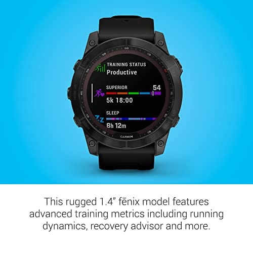 Garmin fenix 7S, smaller sized adventure smartwatch, rugged outdoor watch with GPS, touchscreen, health and wellness features, silver with graphite band, 010-02539-00