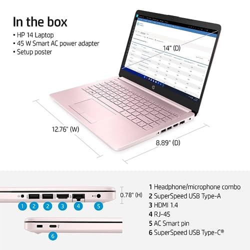 HP Portable Laptop, Student and Business, 14" HD Display, Intel Quad-Core N4120, 16GB DDR4 RAM, 64GB eMMC, 1 Year Office 365, Webcam, RJ-45, HDMI, Wi-Fi, Windows 11 Home, Silver