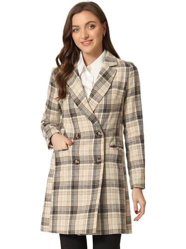 Allegra K Women's Double Breasted Notched Lapel Plaid Trench Blazer Coat