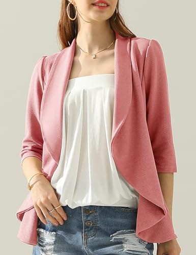 DOUBLJU Chaqueta ligera y fina de manga 3/4 con frente abierto, chaquetas deconstruidas informales de negocios para ropa de mujer con talla grande 