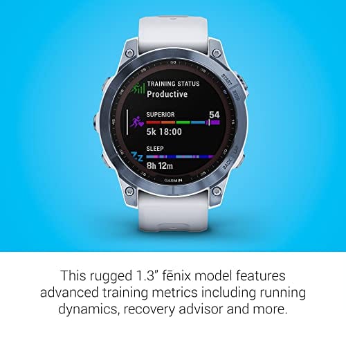 Garmin fenix 7S, smaller sized adventure smartwatch, rugged outdoor watch with GPS, touchscreen, health and wellness features, silver with graphite band, 010-02539-00