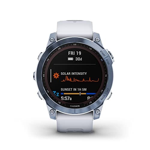 Garmin fenix 7S, smaller sized adventure smartwatch, rugged outdoor watch with GPS, touchscreen, health and wellness features, silver with graphite band, 010-02539-00