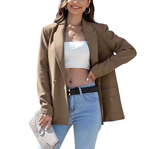 Chaqueta de traje de gran tamaño con doble botonadura para mujer, chaqueta de manga larga, informal, estilo novio, chaqueta de trabajo para oficina con bolsillos