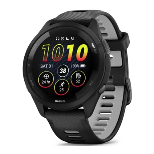 Montre intelligente de course Garmin Forerunner 265, écran AMOLED coloré, mesures d'entraînement et informations de récupération, pierre blanche et bleu marée 