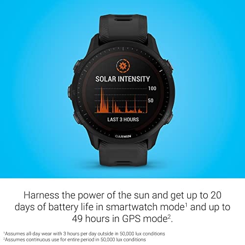 Garmin Forerunner® 955 Solar, montre intelligente de course GPS avec capacités de charge solaire, adaptée aux triathlètes, batterie longue durée, Whitestone 