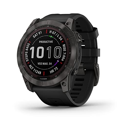 Garmin fenix 7S, smaller sized adventure smartwatch, rugged outdoor watch with GPS, touchscreen, health and wellness features, silver with graphite band, 010-02539-00