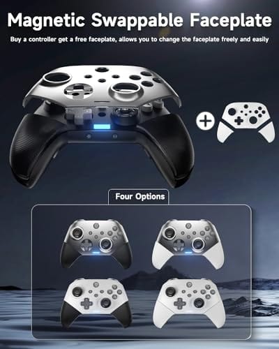 EasySMX Controlador inalámbrico para PC con disparadores Hall, joysticks Hall, controlador Bluetooth para PC, Switch y Steam, Android TV, Android Mobile y iPhone/iPad - Incluye una placa frontal intercambiable blanca 