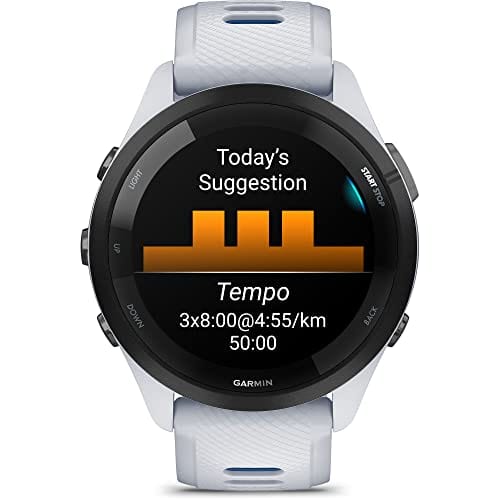 Montre intelligente de course Garmin Forerunner 265, écran AMOLED coloré, mesures d'entraînement et informations de récupération, pierre blanche et bleu marée 