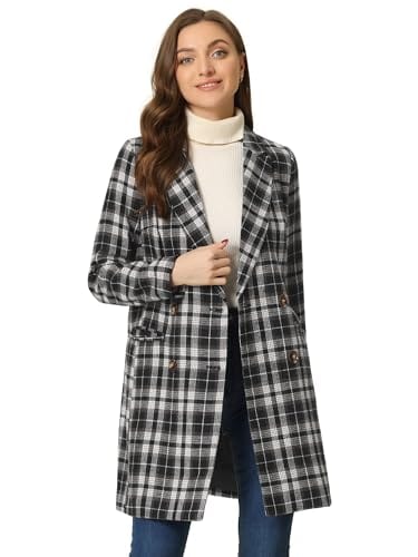 Allegra K Women's Double Breasted Notched Lapel Plaid Trench Blazer Coat