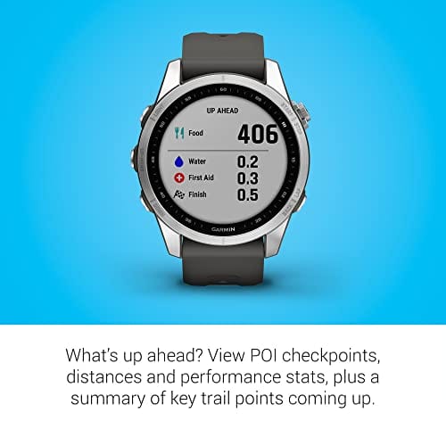 Garmin fenix 7S, reloj inteligente de aventuras de tamaño más pequeño, reloj resistente para exteriores con GPS, pantalla táctil, funciones de salud y bienestar, plateado con correa de grafito, 010-02539-00 