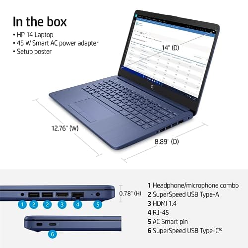 Laptop portátil HP, para estudiantes y empresas, pantalla HD de 14", Intel Quad-Core N4120, 16 GB DDR4 RAM, 64 GB eMMC, 1 año de Office 365, cámara web, RJ-45, HDMI, Wi-Fi, Windows 11 Home, plateado 