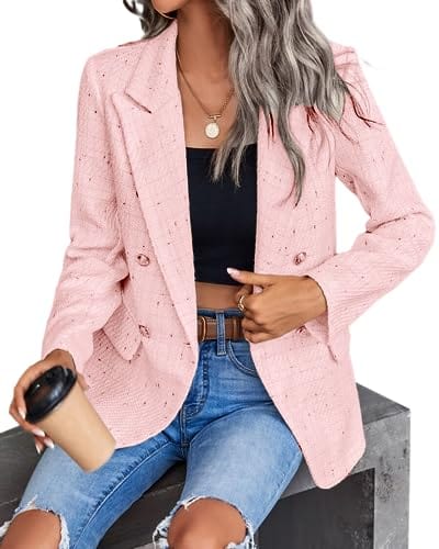 Blazer informal para mujer, primavera 2024, frente abierto, trabajo de negocios, chaqueta a cuadros de Tweed, bolsillo para traje (S-XXL) 