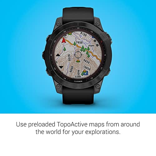 Garmin fenix 7S, montre intelligente d'aventure de petite taille, montre d'extérieur robuste avec GPS, écran tactile, fonctionnalités de santé et de bien-être, argent avec bracelet graphite, 010-02539-00 