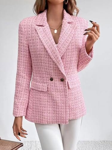 chouyatou Women's Double Breasted Tweed Blazer Jacket Business Casual Dressy Blazer Office Work Suits