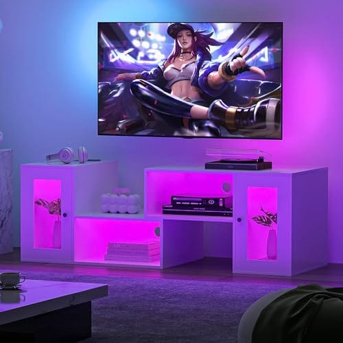 VECELO Soporte para TV LED para televisores de hasta 70 pulgadas Centro de entretenimiento moderno con consola multimedia de almacenamiento con 23 opciones de parpadeo y 4 modos personalizables para sala de estar, dormitorio, negro brillante 