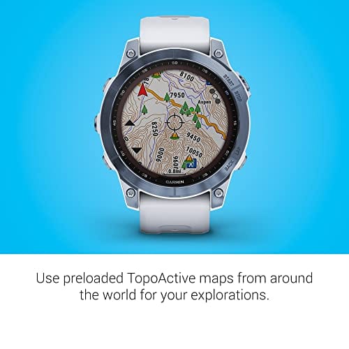 Garmin fenix 7S, smaller sized adventure smartwatch, rugged outdoor watch with GPS, touchscreen, health and wellness features, silver with graphite band, 010-02539-00