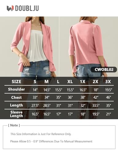 DOUBLJU Lightweight Thin 3/4 Sleeve Open Front Blazer Business Casual Deconstructed Jackets for Womens Clothes with Plus Size