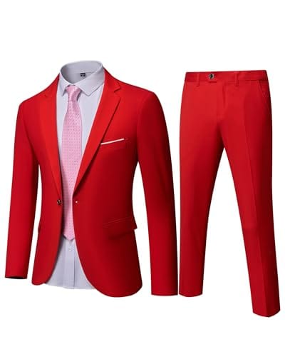 YND Men's Slim Fit 2 Piece Suit, One Button Solid Jacket Pants Set with Tie