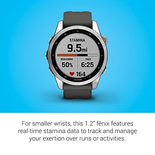 Garmin fenix 7S, smaller sized adventure smartwatch, rugged outdoor watch with GPS, touchscreen, health and wellness features, silver with graphite band, 010-02539-00