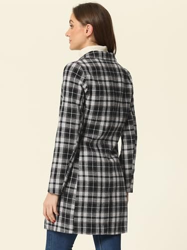 Allegra K Women's Double Breasted Notched Lapel Plaid Trench Blazer Coat