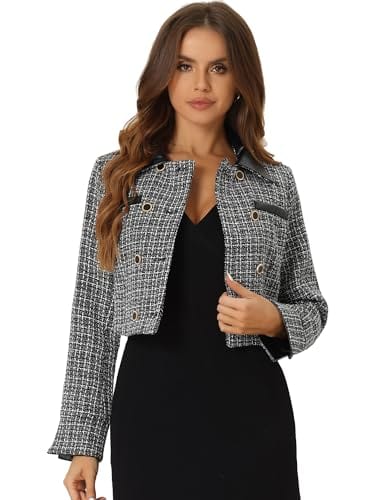 Allegra K Tweed Plaid Blazer for Women's Contrast Collar Double Breasted Vintage Cropped Jackets