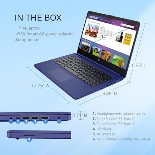 Laptop HP 14, Intel Celeron N4020, 4 GB de RAM, 64 GB de almacenamiento, pantalla HD Micro-edge de 14 pulgadas, Windows 11 Home, delgada y portátil, gráficos 4K, un año de Microsoft 365 (14-dq0040nr, blanco copo de nieve) 