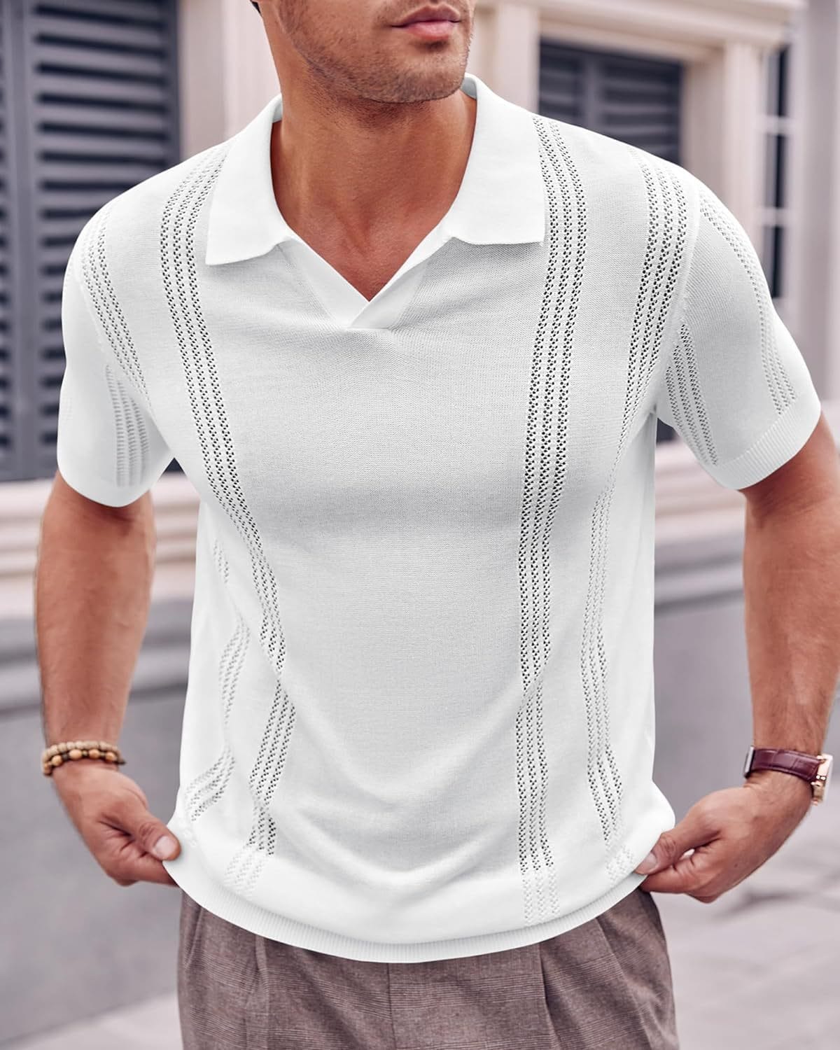 Polo de punto para hombre, moda europea y americana, manga corta, cuello en V, hueco