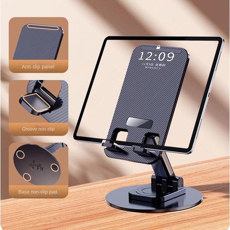 Foldable Phone Stand For Desk - Height Adjustable Cell Phone Holder Portable Cellphone Cradle Desktop Dock Metal Base 360 Degree Rotatable Compatible With Phone Tablet PC.