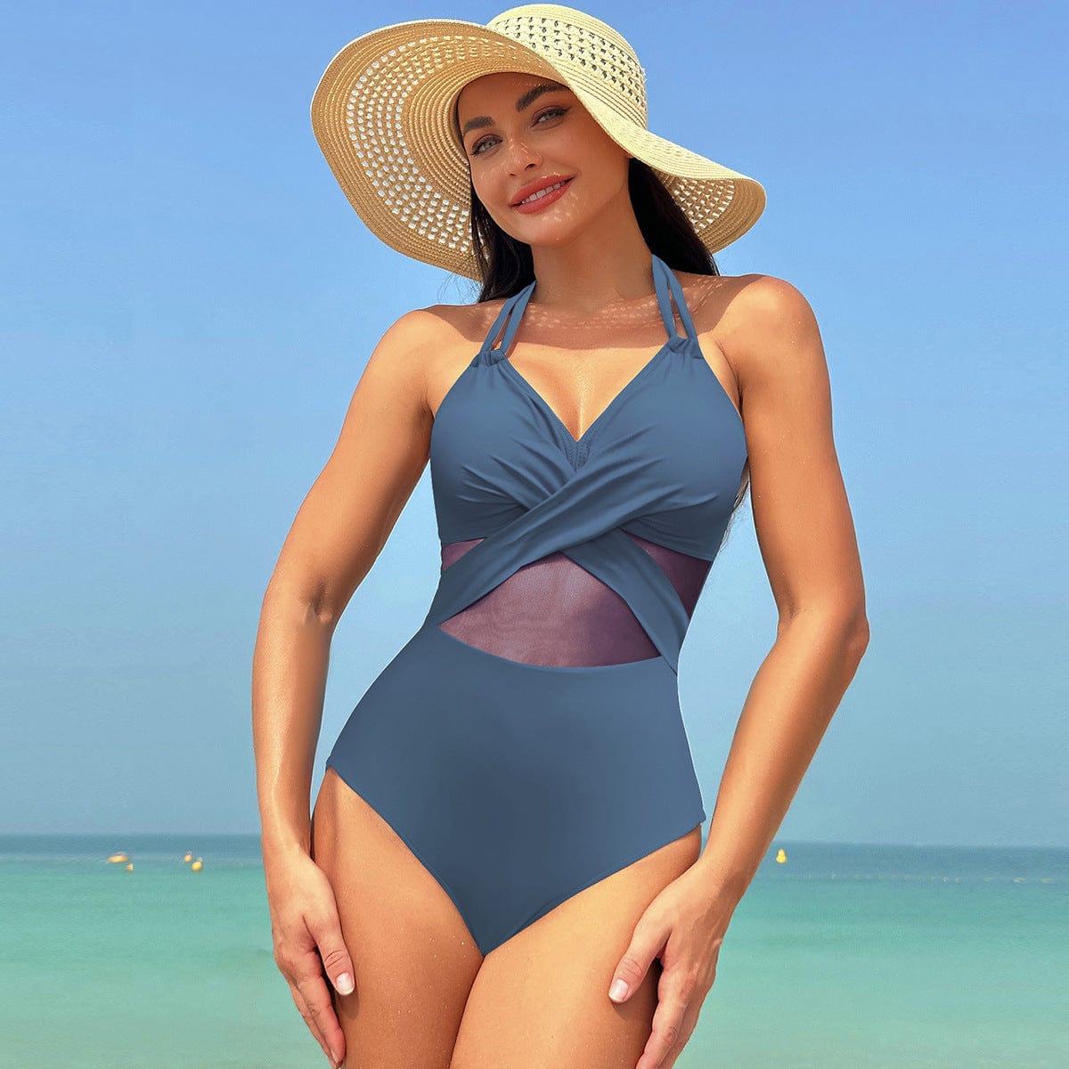 Traje de baño de una pieza con cuello Halter, Bikini de malla con diseño de tiras cruzadas de Color sólido para verano, ropa para vacaciones en la playa