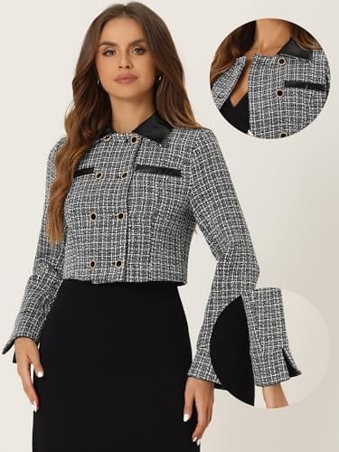 Allegra K Tweed Plaid Blazer for Women's Contrast Collar Double Breasted Vintage Cropped Jackets