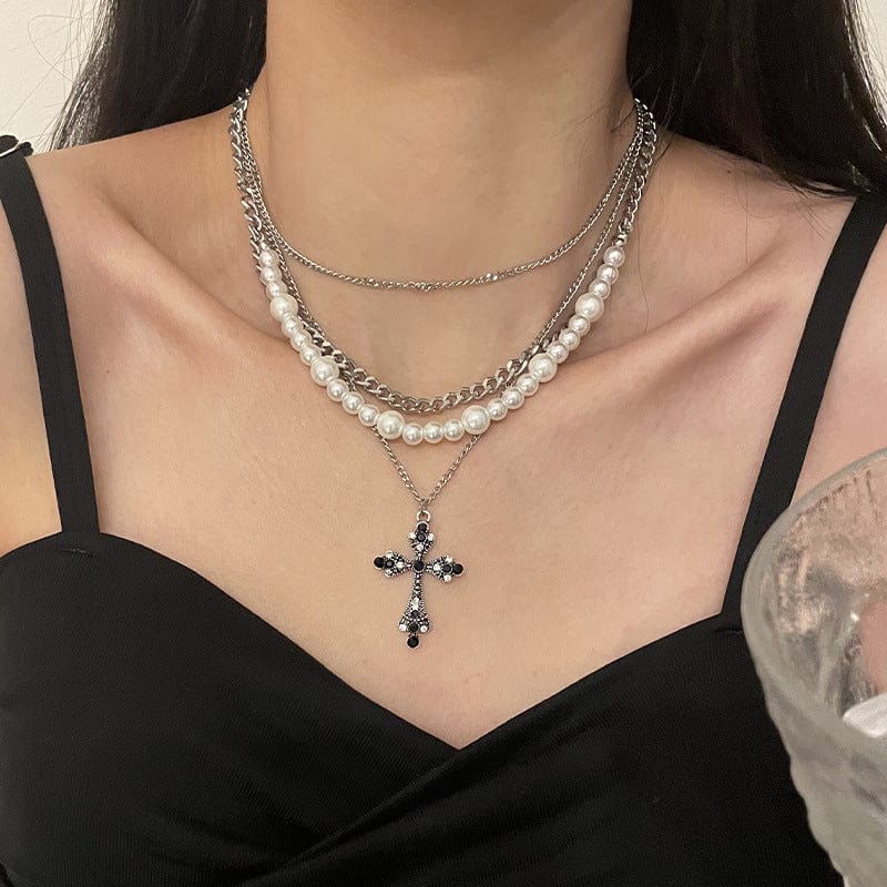 Collier avec pendentif en croix de perles multicouches personnalisé pour femmes, chaîne de clavicule, de tempérament, bijoux, accessoires, cadeaux