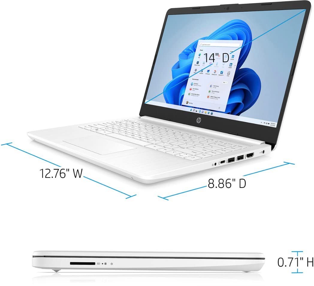 Laptop HP 14, Intel Celeron N4020, 4 GB de RAM, 64 GB de almacenamiento, pantalla HD Micro-edge de 14 pulgadas, Windows 11 Home, delgada y portátil, gráficos 4K, un año de Microsoft 365 (14-dq0040nr, blanco copo de nieve) 