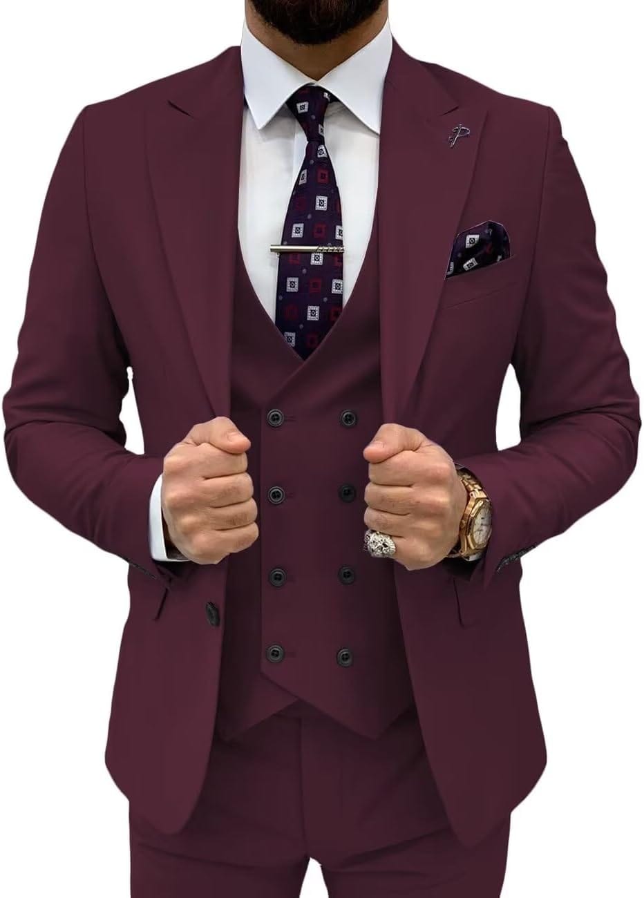 Double Breasted 3 Pieces Suit Men Slim Fit Classic One Button Jacket Blazer Vest Pants Set Formal Wedding Tuxedo