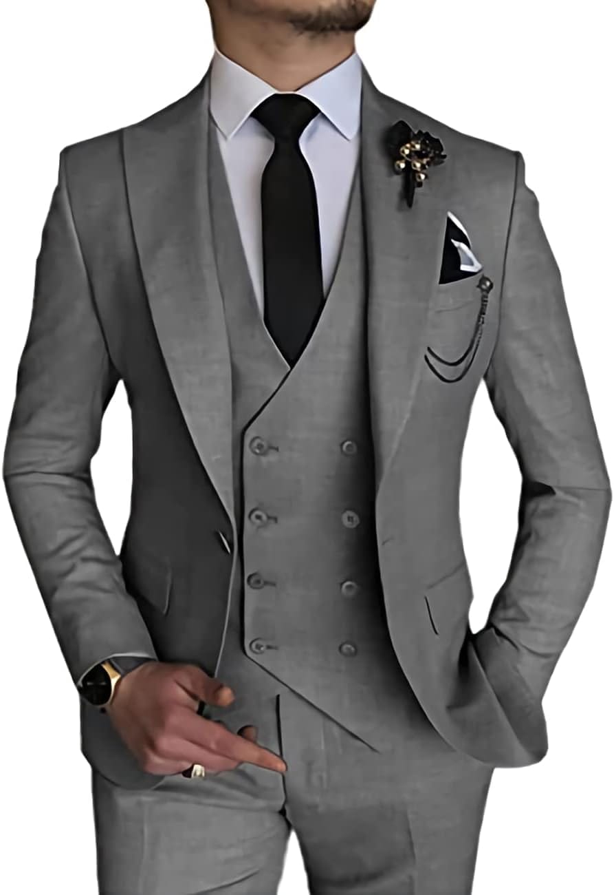 Wangyue Men's Suit Slim Fit 3 Piece Suit Double Breasted Suit One Button Formal Wedding Prom Suits