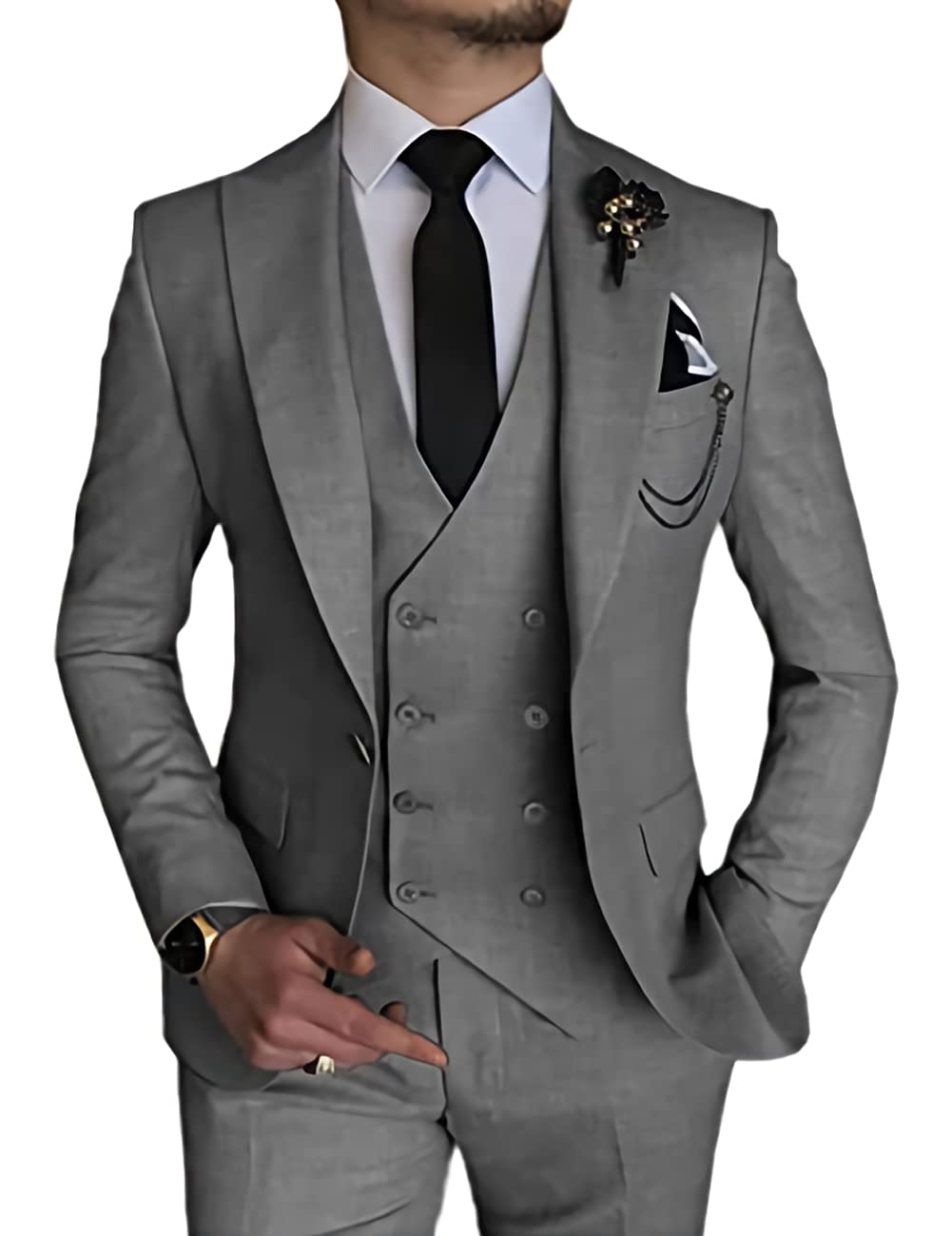 Wangyue Men's Suit Slim Fit 3 Piece Suit Double Breasted Suit One Button Formal Wedding Prom Suits