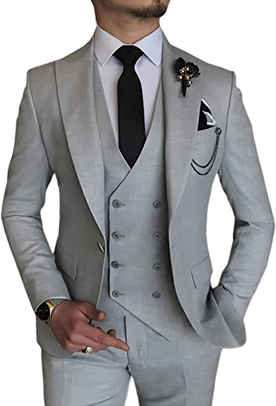 Wangyue Men's Suit Slim Fit 3 Piece Suit Double Breasted Suit One Button Formal Wedding Prom Suits