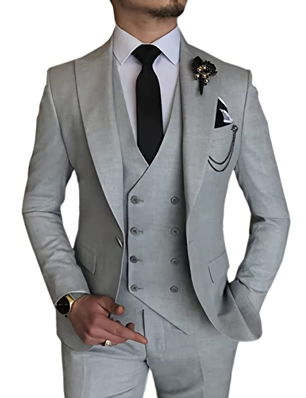 Wangyue Men's Suit Slim Fit 3 Piece Suit Double Breasted Suit One Button Formal Wedding Prom Suits