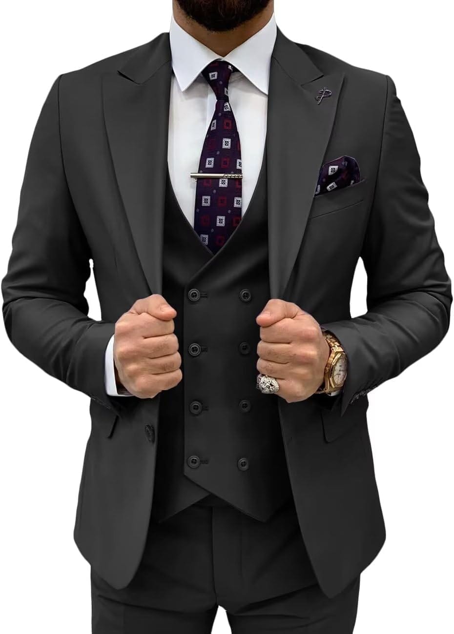 Double Breasted 3 Pieces Suit Men Slim Fit Classic One Button Jacket Blazer Vest Pants Set Formal Wedding Tuxedo