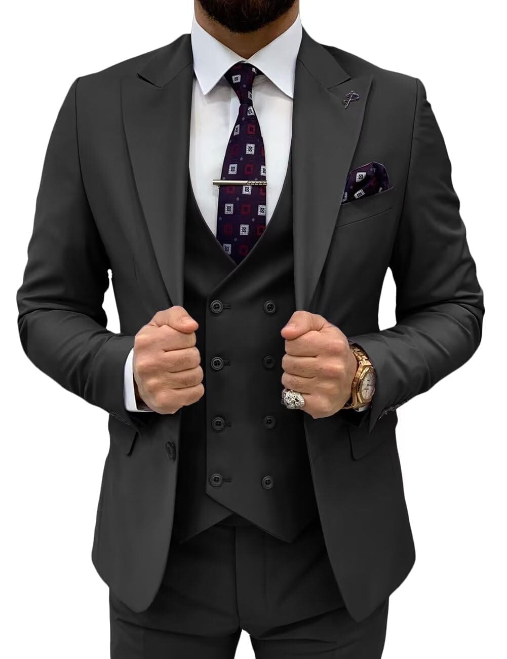 Double Breasted 3 Pieces Suit Men Slim Fit Classic One Button Jacket Blazer Vest Pants Set Formal Wedding Tuxedo