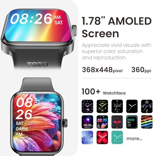 TOZO S4 AcuFit One Smart Watch 1.78" AMOLED Screen for Men Women, Bluetooth Call Dial Fitness Tracker, Heart Rate and Blood Oxygen, Sleep Monitor, IP68 Waterproof, Workout for iOS Android